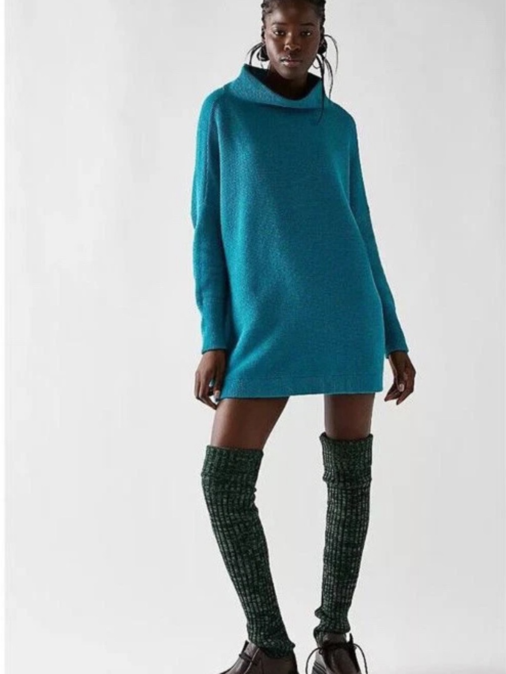 Free People Slouchy Ottoman Ribbed Oversized Mock Neck Sweater Tunic Teal Green